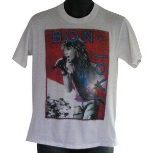 BON JOVI Concert Tshirt, M/L 7800°F, STAFF, White, 1985, Spring Ford, Vintage